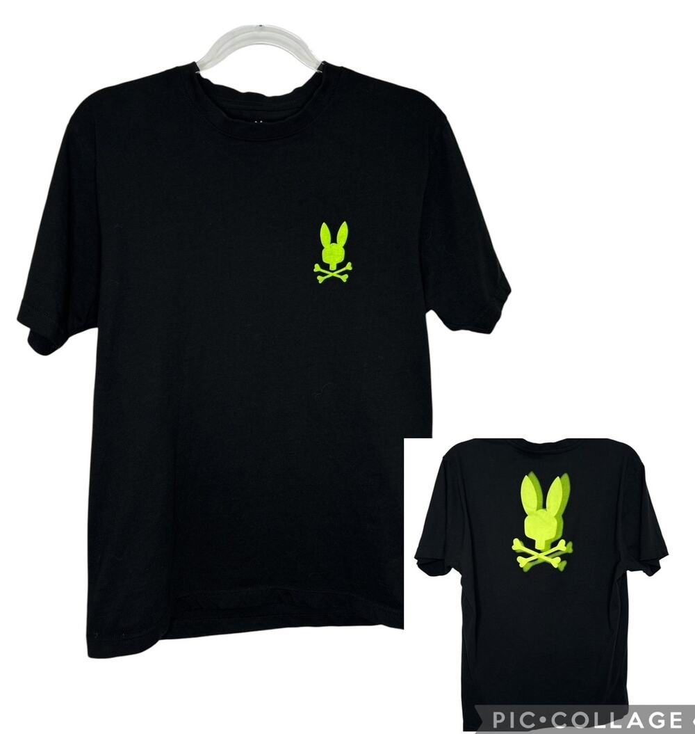Psycho Bunny Black T-Shirt Neon Green Skull Crossbones on Front Back Pima Medium